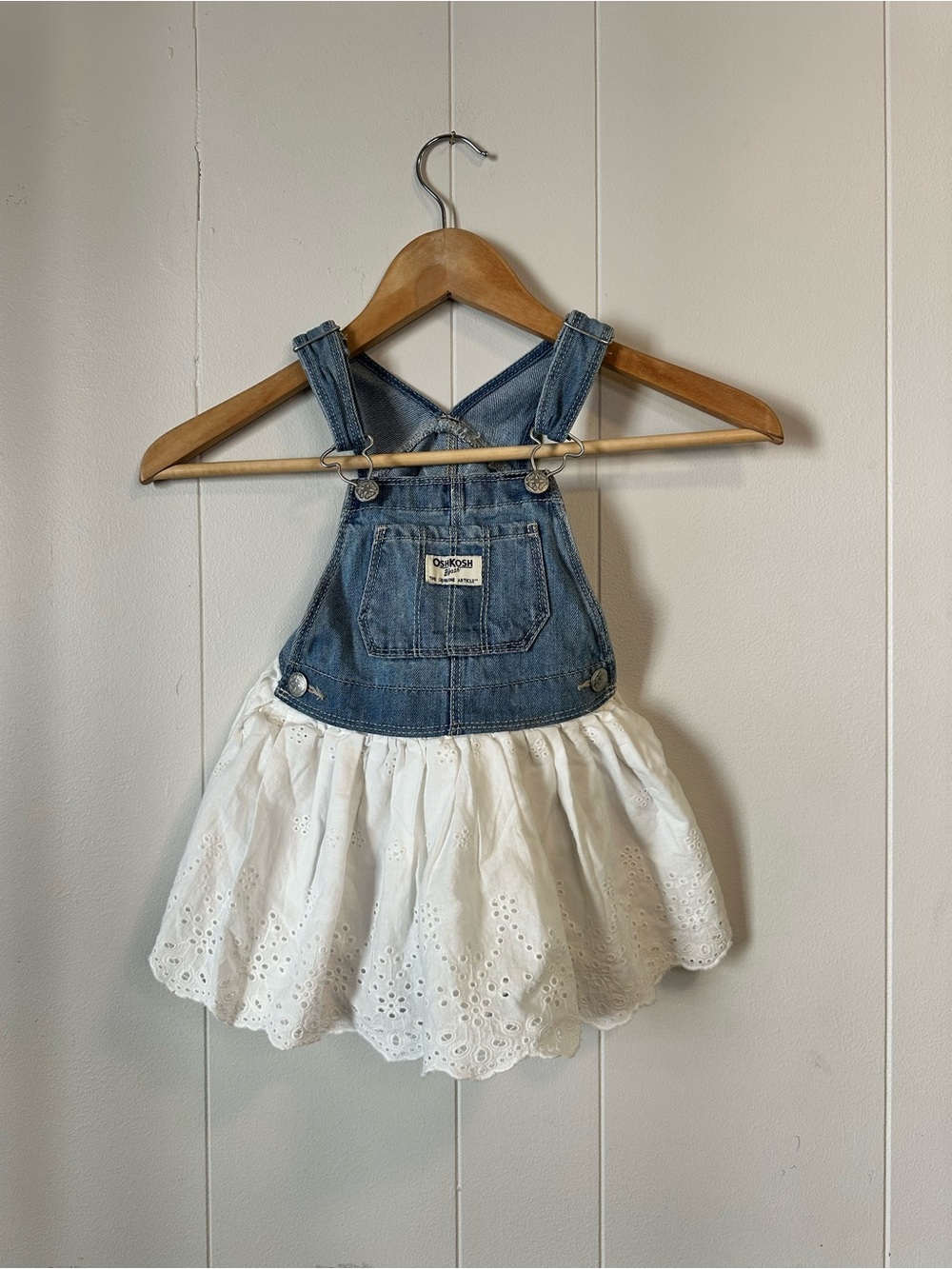 OshKosh B'gosh Blue Denim Bib with White Eyelet Skirt Overalls